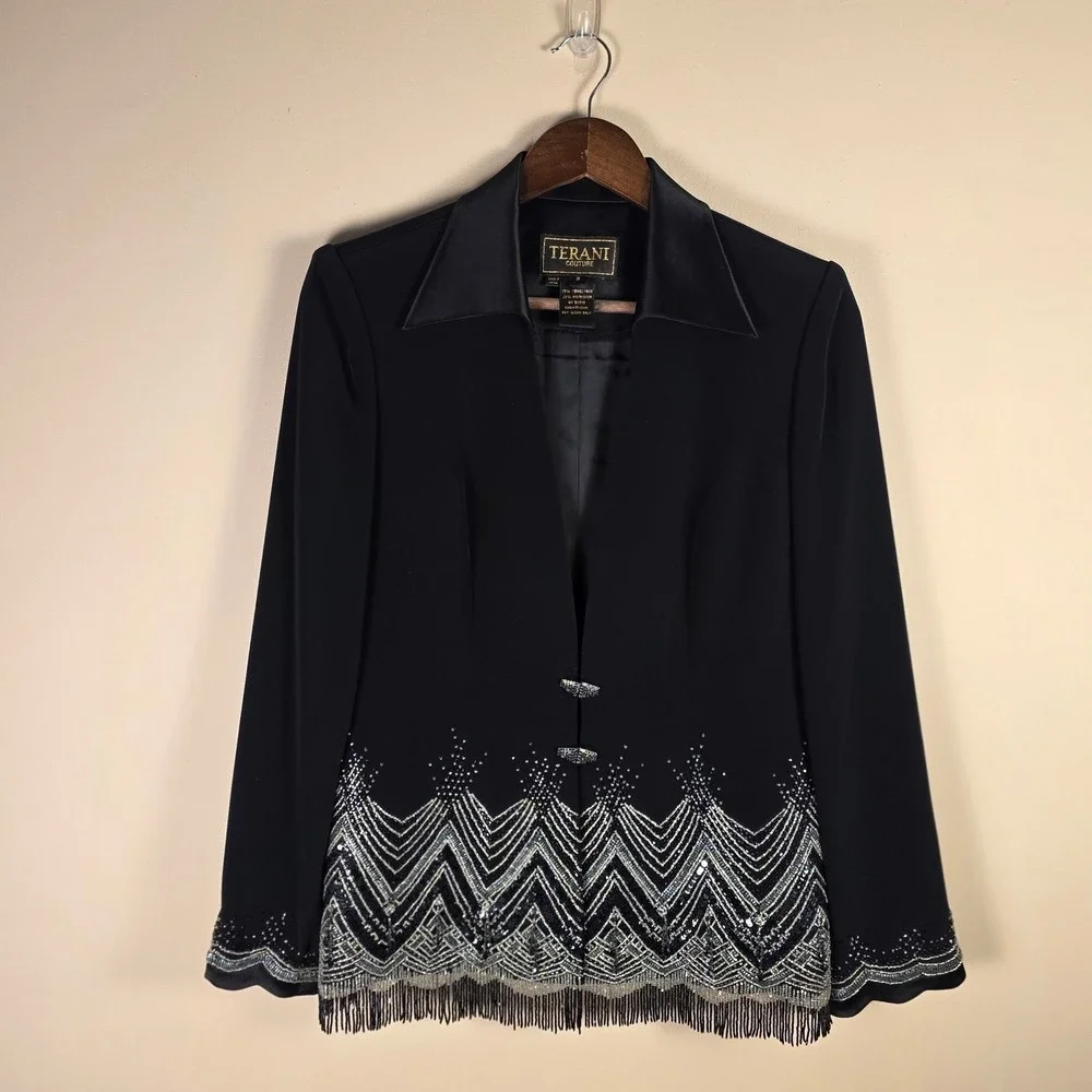 Vintage Terani Couture Beaded Fringe Blazer Women 8 Black Art Deco Sequin Formal